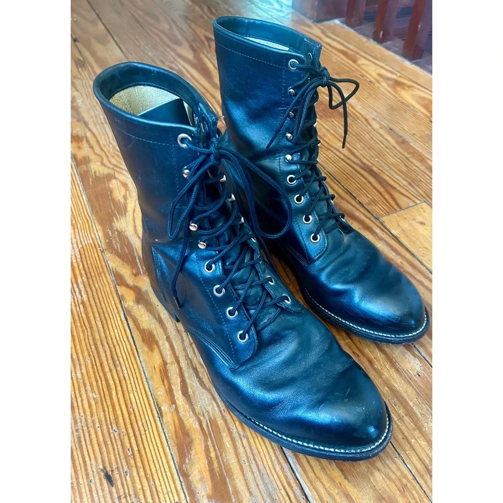 Justin 506 Mens Black Leather Lace Up Combat Work Boots Style 74149 Size 9.5 EE